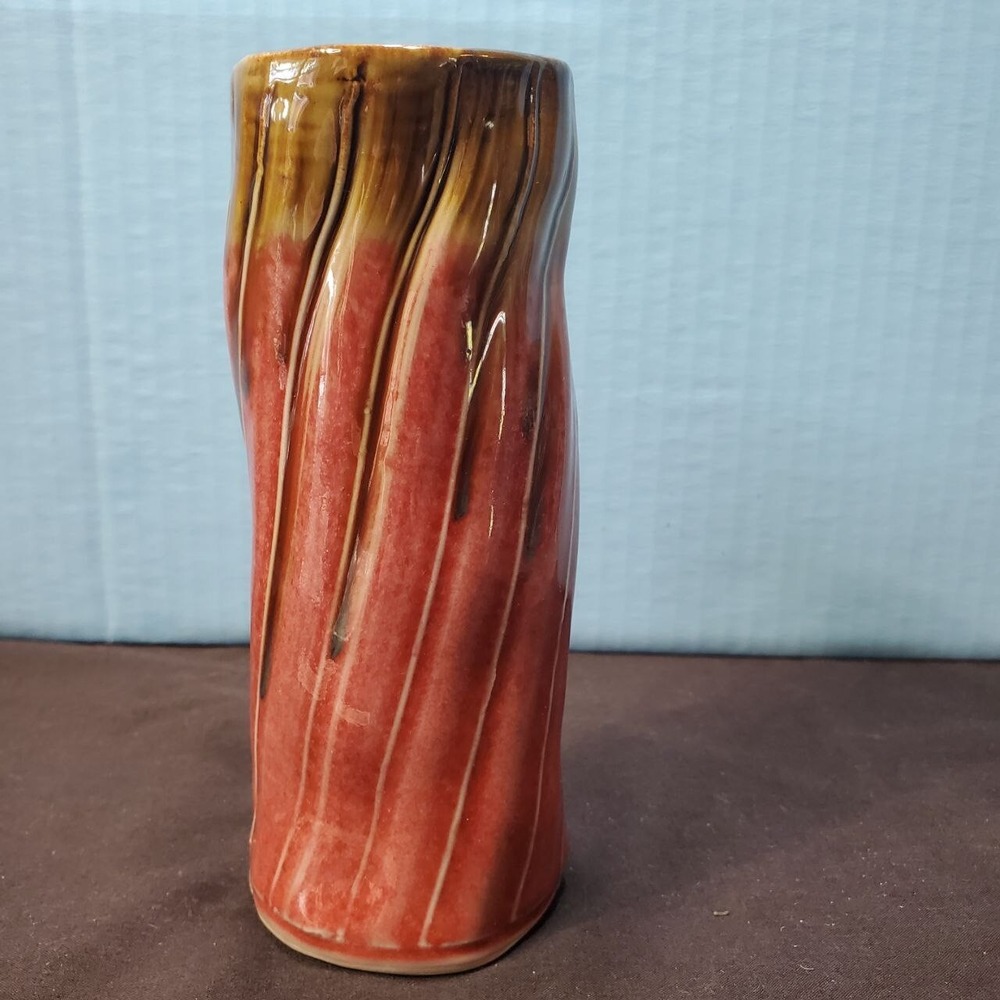 Stoneware Bud Vase Brown Red Stripe Glazed Pottery Hand‎ Made Signed 6.5" Tall